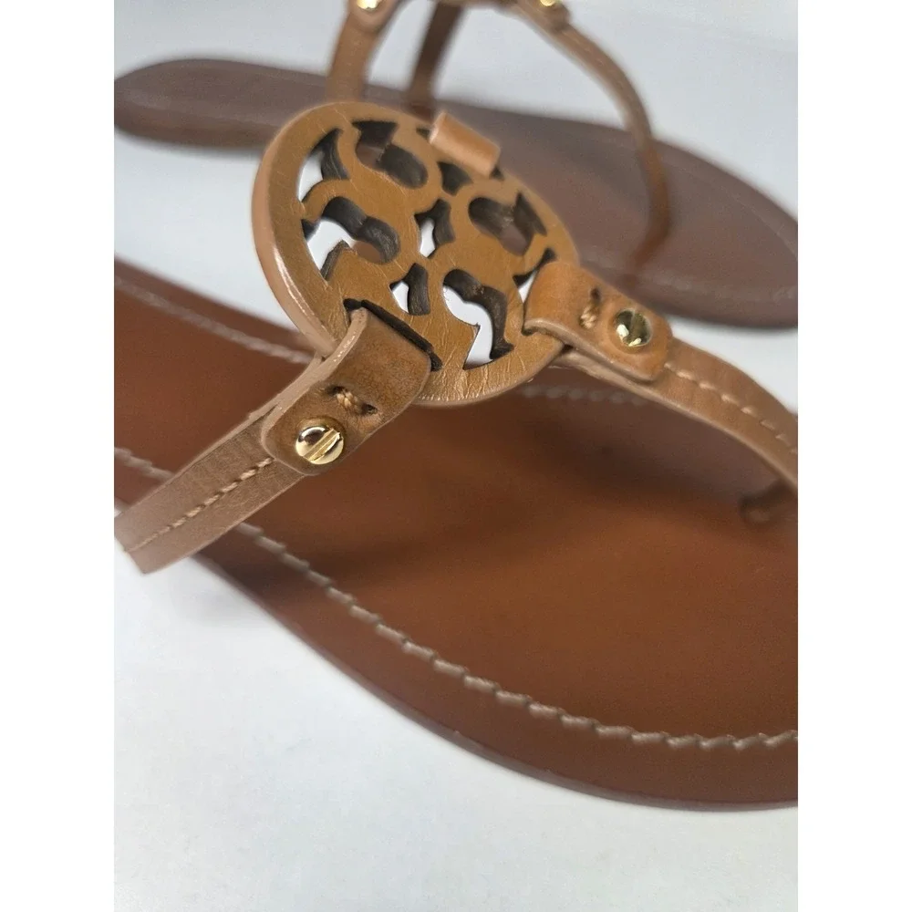 Tory Burch Miller Leather Thong Sandals Tan Brown Double T Logo Flat Women's 7.5